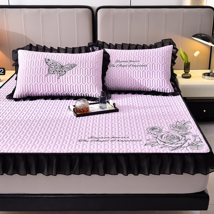 91家纺网 家纺一手货源 找家纺 炫拼家纺 2025春夏新款A类凉感丝花边床笠款乳胶凉席-法式玫瑰 法式玫瑰-熏衣紫