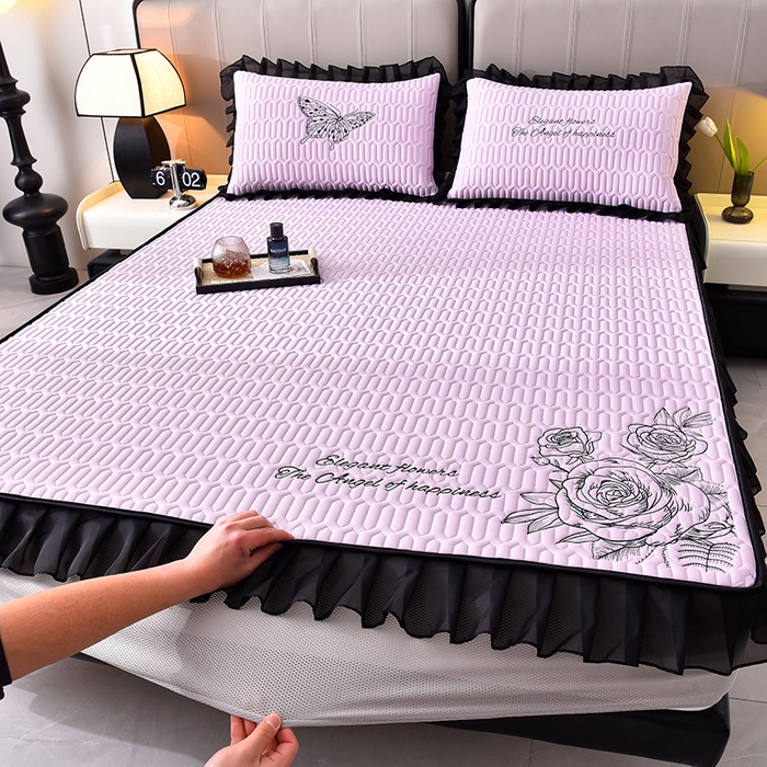 91家纺网 家纺一手货源 找家纺 炫拼家纺 2025春夏新款A类凉感丝花边床笠款乳胶凉席-法式玫瑰 法式玫瑰-熏衣紫