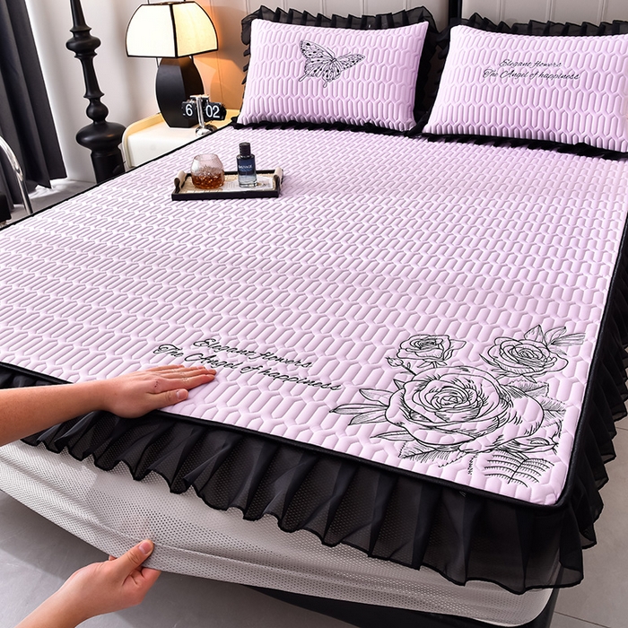 91家纺网 家纺一手货源 找家纺 炫拼家纺 2025春夏新款A类凉感丝花边床笠款乳胶凉席-法式玫瑰 法式玫瑰-熏衣紫