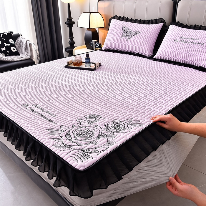 91家纺网 家纺一手货源 找家纺 炫拼家纺 2025春夏新款A类凉感丝花边床笠款乳胶凉席-法式玫瑰 法式玫瑰-熏衣紫