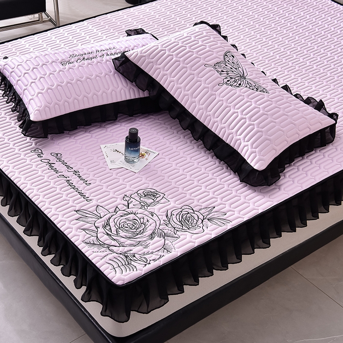 91家纺网 家纺一手货源 找家纺 炫拼家纺 2025春夏新款A类凉感丝花边床笠款乳胶凉席-法式玫瑰 法式玫瑰-熏衣紫