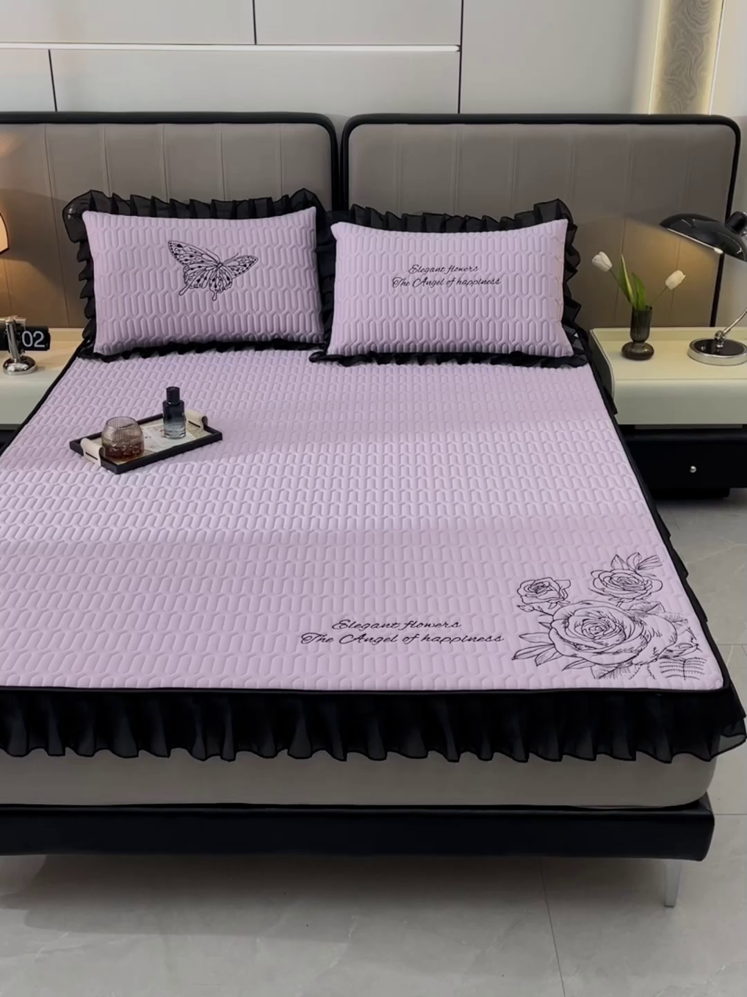 91家纺网 家纺一手货源 找家纺 炫拼家纺 2025春夏新款A类凉感丝花边床笠款乳胶凉席-法式玫瑰 法式玫瑰-熏衣紫