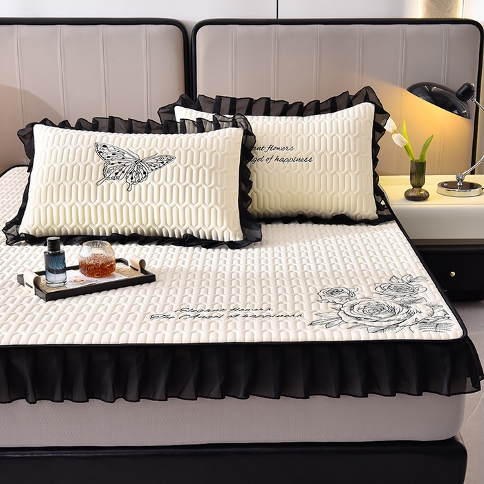 91家纺网 家纺一手货源 找家纺 炫拼家纺 2025春夏新款A类凉感丝花边床笠款乳胶凉席-法式玫瑰 法式玫瑰-玉石白