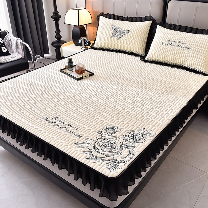 91家纺网 家纺一手货源 找家纺 炫拼家纺 2025春夏新款A类凉感丝花边床笠款乳胶凉席-法式玫瑰 法式玫瑰-玉石白