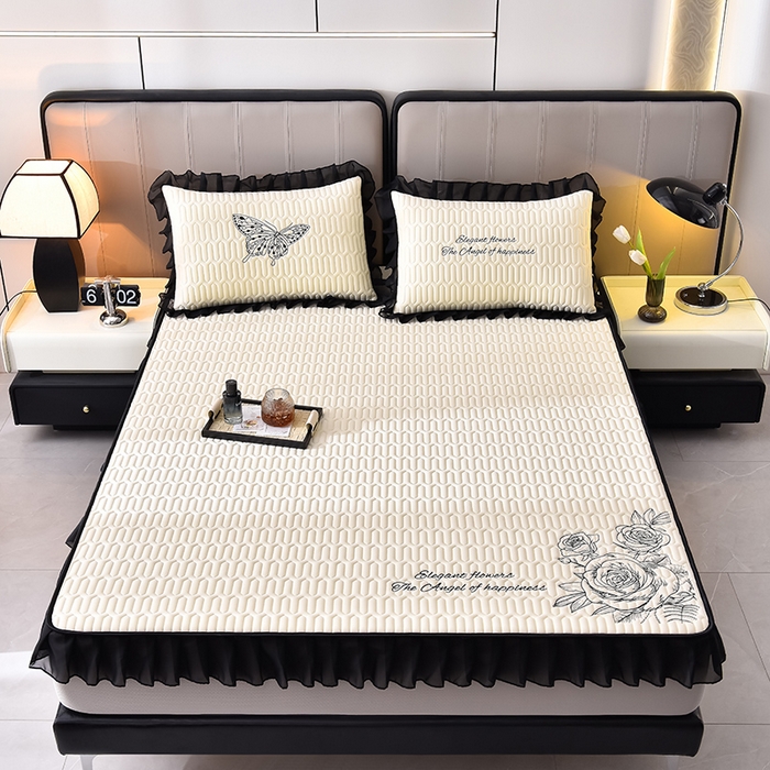 91家纺网 家纺一手货源 找家纺 炫拼家纺 2025春夏新款A类凉感丝花边床笠款乳胶凉席-法式玫瑰 法式玫瑰-玉石白