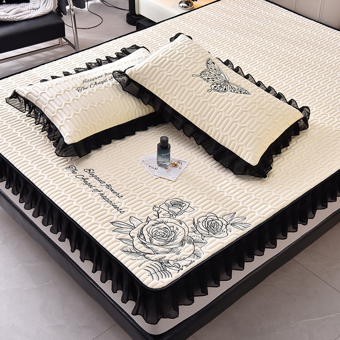 91家纺网 家纺一手货源 找家纺 炫拼家纺 2025春夏新款A类凉感丝花边床笠款乳胶凉席-法式玫瑰 法式玫瑰-玉石白