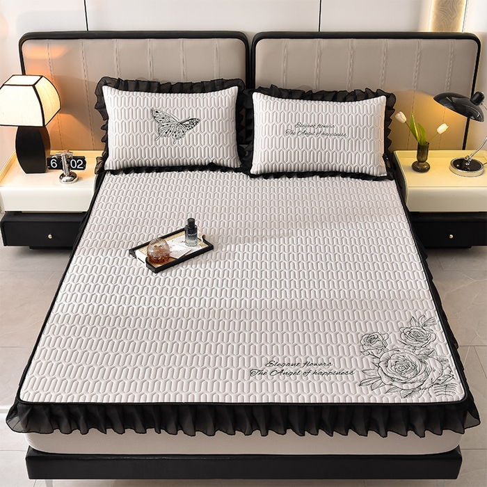 91家纺网 家纺一手货源 找家纺 炫拼家纺 2025春夏新款A类凉感丝花边床笠款乳胶凉席-法式玫瑰 法式玫瑰-珍珠灰