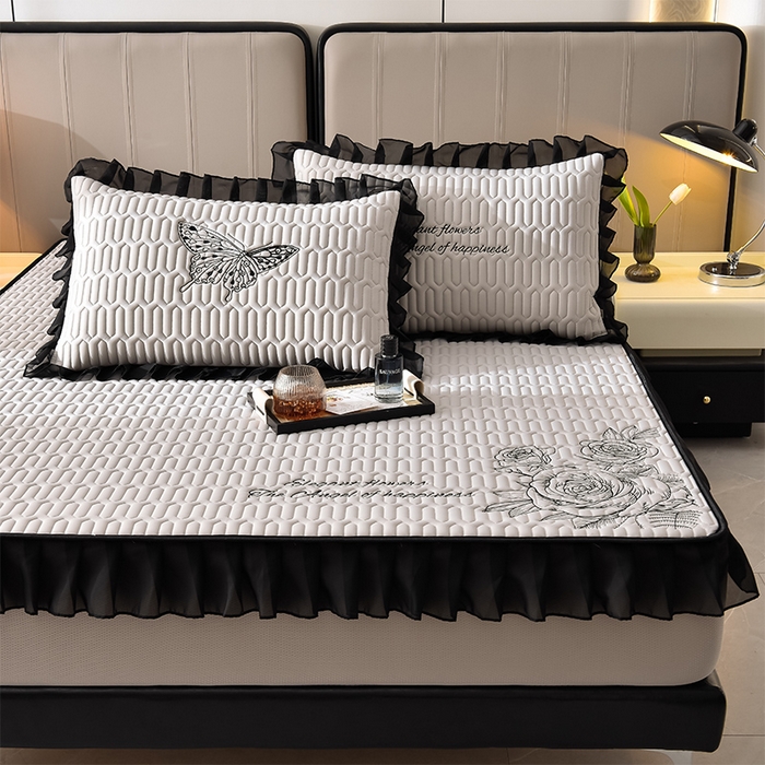 91家纺网 家纺一手货源 找家纺 炫拼家纺 2025春夏新款A类凉感丝花边床笠款乳胶凉席-法式玫瑰 法式玫瑰-珍珠灰