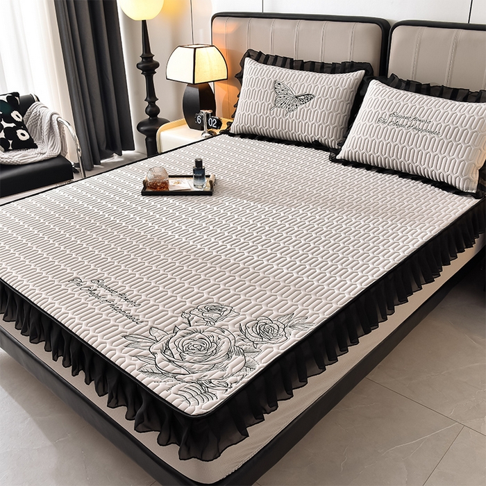 91家纺网 家纺一手货源 找家纺 炫拼家纺 2025春夏新款A类凉感丝花边床笠款乳胶凉席-法式玫瑰 法式玫瑰-珍珠灰