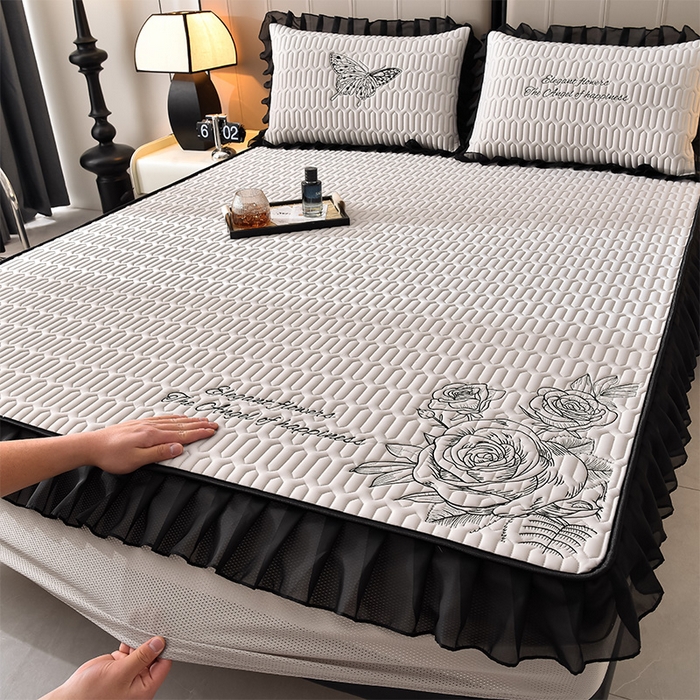 91家纺网 家纺一手货源 找家纺 炫拼家纺 2025春夏新款A类凉感丝花边床笠款乳胶凉席-法式玫瑰 法式玫瑰-珍珠灰