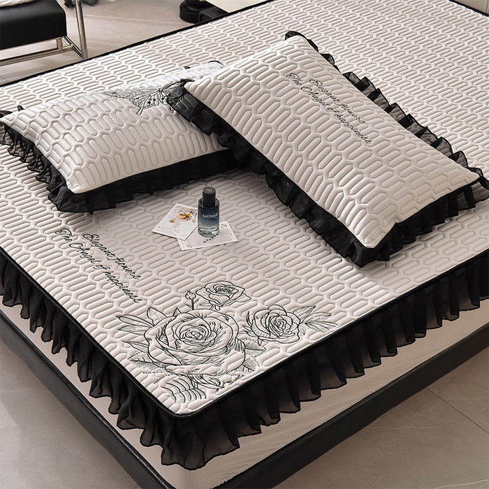 91家纺网 家纺一手货源 找家纺 炫拼家纺 2025春夏新款A类凉感丝花边床笠款乳胶凉席-法式玫瑰 法式玫瑰-珍珠灰