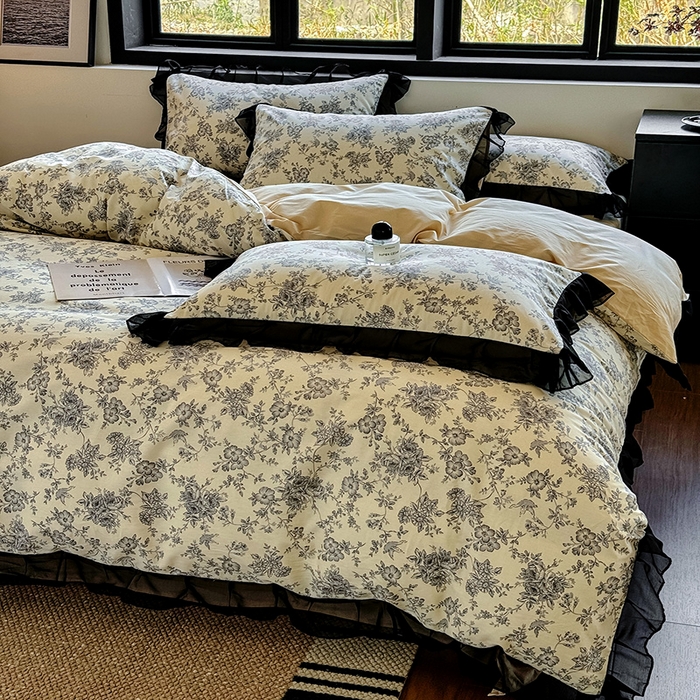 91家纺网 家纺一手货源 找家纺 宅家居 2025新款爆款轻法式赫本风复古印花13372纯棉四件套韩式黑色花边40支全棉三件套 洛莉娜