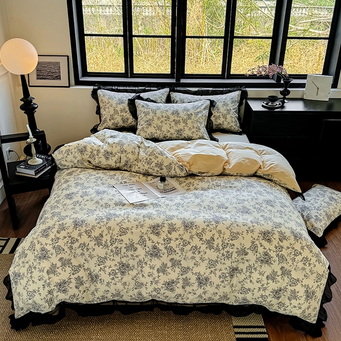 91家纺网 家纺一手货源 找家纺 宅家居 2025新款爆款轻法式赫本风复古印花13372纯棉四件套韩式黑色花边40支全棉三件套 洛莉娜