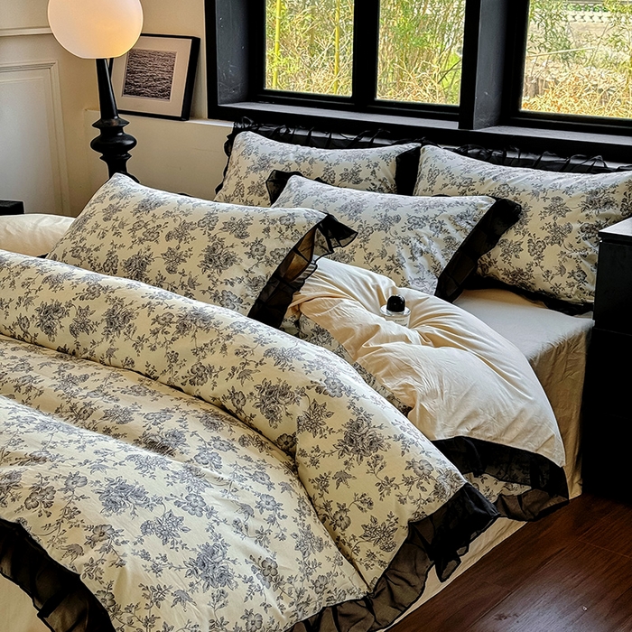 宅家居 2025新款爆款轻法式赫本风复古印花13372纯棉四件套韩式黑色花边40支全棉三件套 洛莉娜