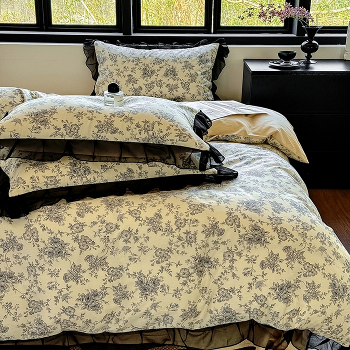 91家纺网 家纺一手货源 找家纺 宅家居 2025新款爆款轻法式赫本风复古印花13372纯棉四件套韩式黑色花边40支全棉三件套 洛莉娜