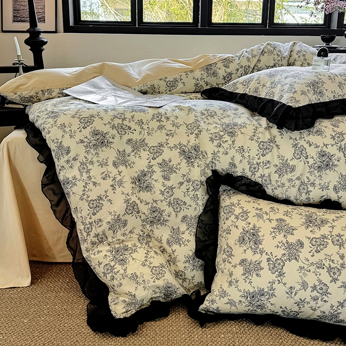 91家纺网 家纺一手货源 找家纺 宅家居 2025新款爆款轻法式赫本风复古印花13372纯棉四件套韩式黑色花边40支全棉三件套 洛莉娜