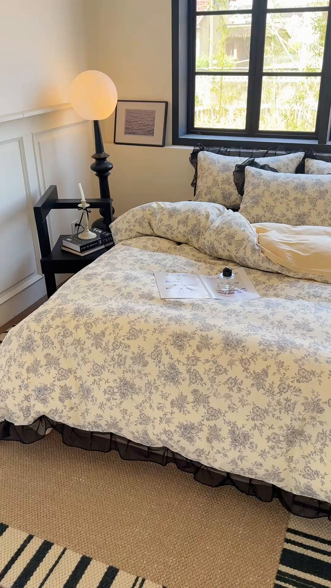 91家纺网 家纺一手货源 找家纺 宅家居 2025新款爆款轻法式赫本风复古印花13372纯棉四件套韩式黑色花边40支全棉三件套 洛莉娜