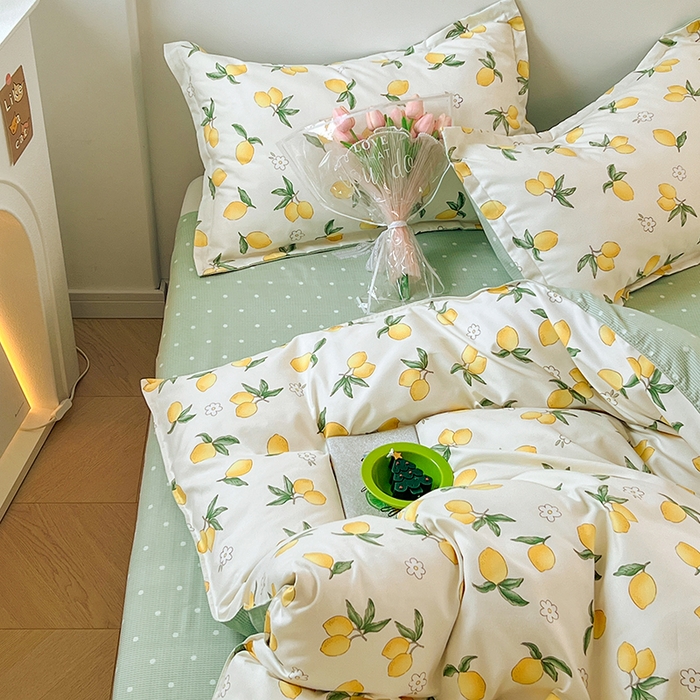 91家纺网 家纺一手货源 找家纺 世爵家纺 2023新款亲肤印花磨毛四件套 清香柠檬