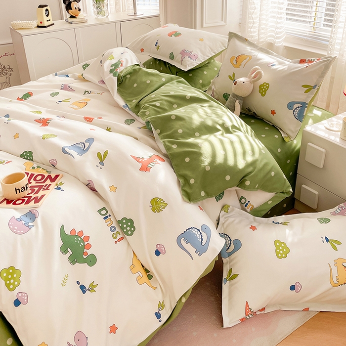 91家纺网 家纺一手货源 找家纺 世爵家纺 2023新款亲肤印花磨毛四件套 恐龙宝贝