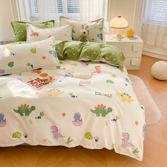 91家纺网 家纺一手货源 找家纺 世爵家纺 2023新款亲肤印花磨毛四件套 恐龙宝贝