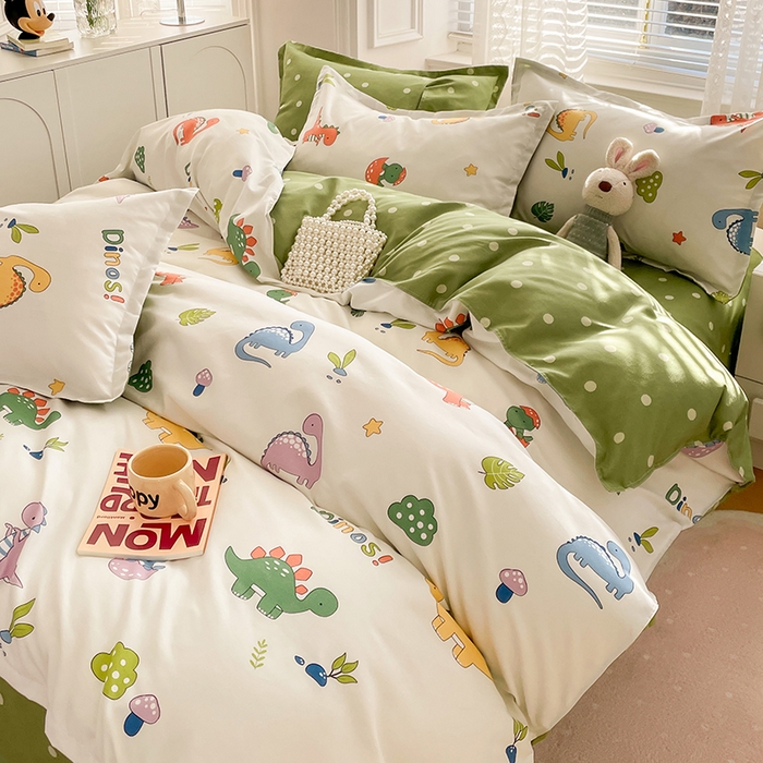 91家纺网 家纺一手货源 找家纺 世爵家纺 2023新款亲肤印花磨毛四件套 恐龙宝贝