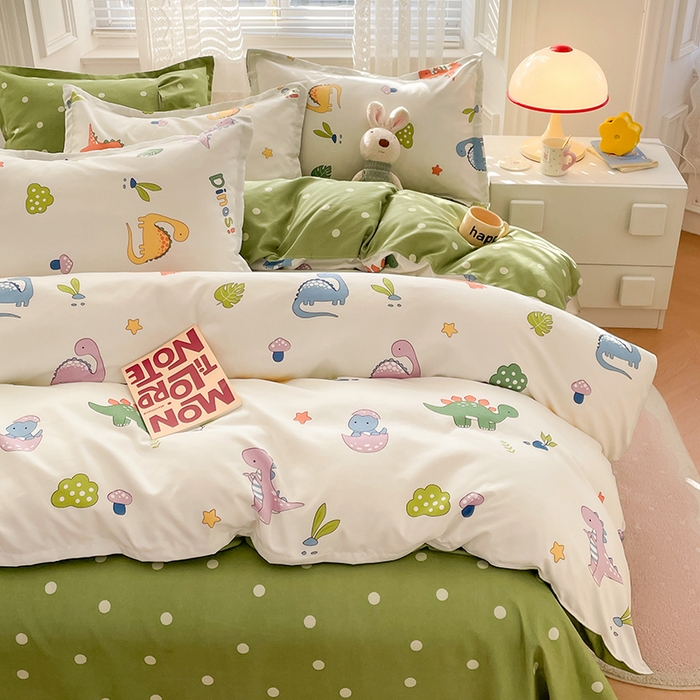 91家纺网 家纺一手货源 找家纺 世爵家纺 2023新款亲肤印花磨毛四件套 恐龙宝贝