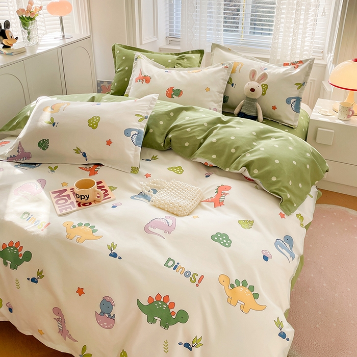 91家纺网 家纺一手货源 找家纺 世爵家纺 2023新款亲肤印花磨毛四件套 恐龙宝贝