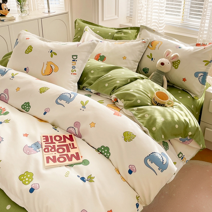 91家纺网 家纺一手货源 找家纺 世爵家纺 2023新款亲肤印花磨毛四件套 恐龙宝贝