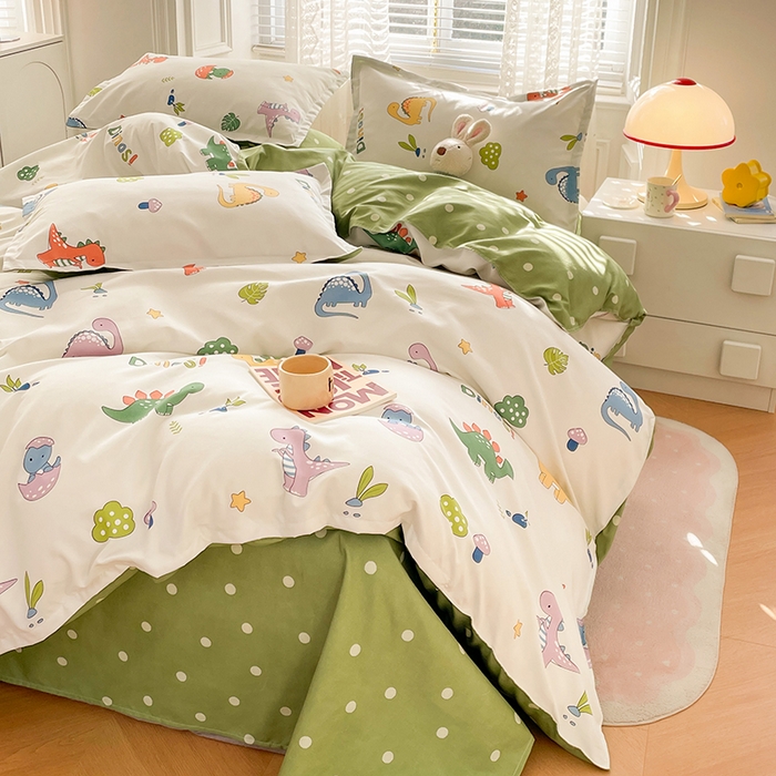 91家纺网 家纺一手货源 找家纺 世爵家纺 2023新款亲肤印花磨毛四件套 恐龙宝贝