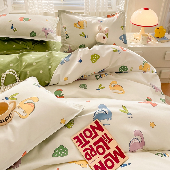 91家纺网 家纺一手货源 找家纺 世爵家纺 2023新款亲肤印花磨毛四件套 恐龙宝贝