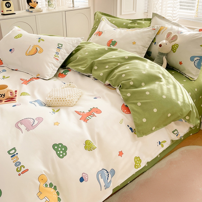 91家纺网 家纺一手货源 找家纺 世爵家纺 2023新款亲肤印花磨毛四件套 恐龙宝贝