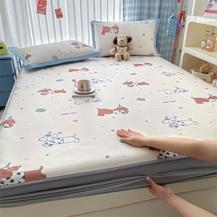 91家纺网 家纺一手货源 找家纺 美澳家纺 2025新款数码印花碳光冰丝席床席床笠三件套 狗狗丫