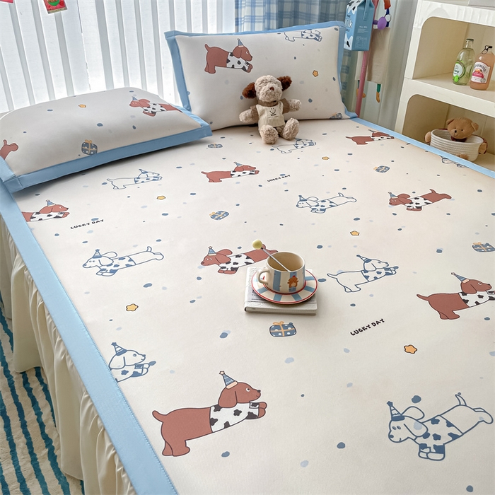 91家纺网 家纺一手货源 找家纺 美澳家纺 2025新款数码印花碳光冰丝席床席床笠三件套 狗狗丫