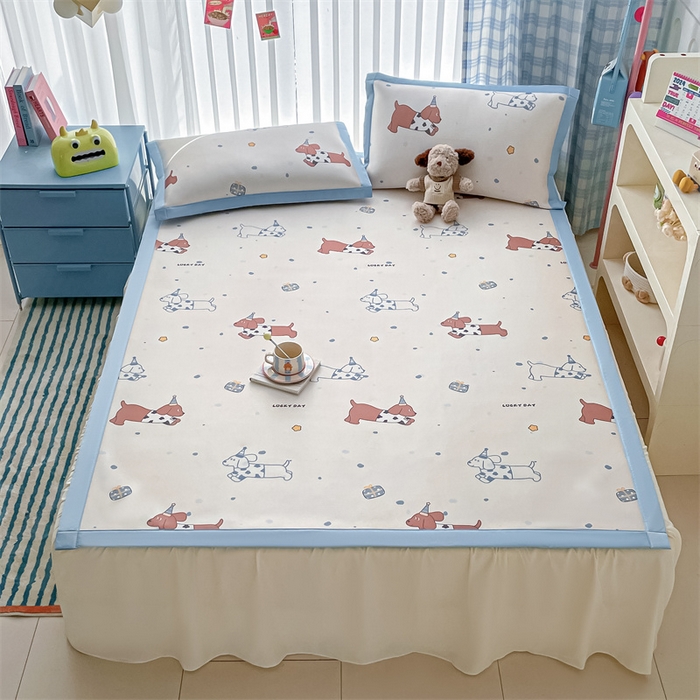 91家纺网 家纺一手货源 找家纺 美澳家纺 2025新款数码印花碳光冰丝席床席床笠三件套 狗狗丫