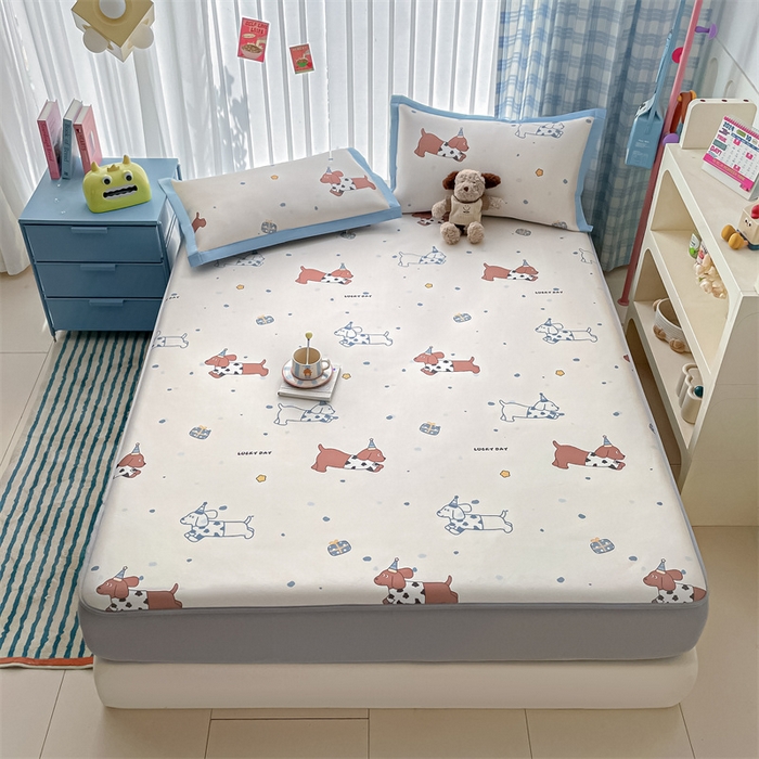 91家纺网 家纺一手货源 找家纺 美澳家纺 2025新款数码印花碳光冰丝席床席床笠三件套 狗狗丫