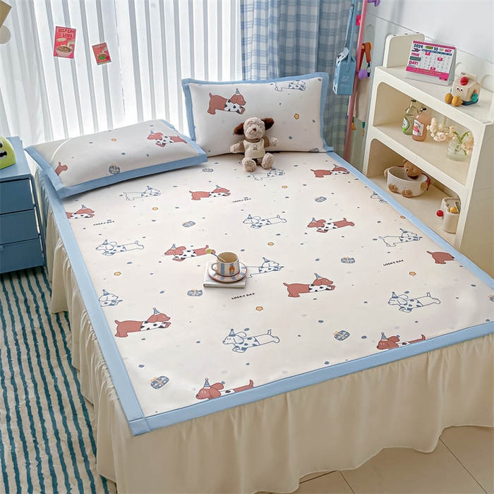 91家纺网 家纺一手货源 找家纺 美澳家纺 2025新款数码印花碳光冰丝席床席床笠三件套 狗狗丫