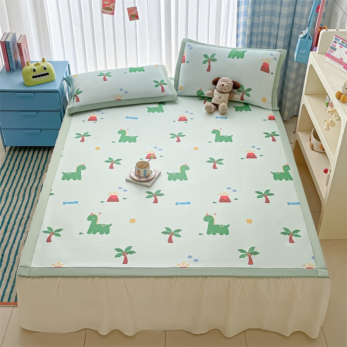 91家纺网 家纺一手货源 找家纺 美澳家纺 2025新款数码印花碳光冰丝席床席床笠三件套 椰椰小恐龙