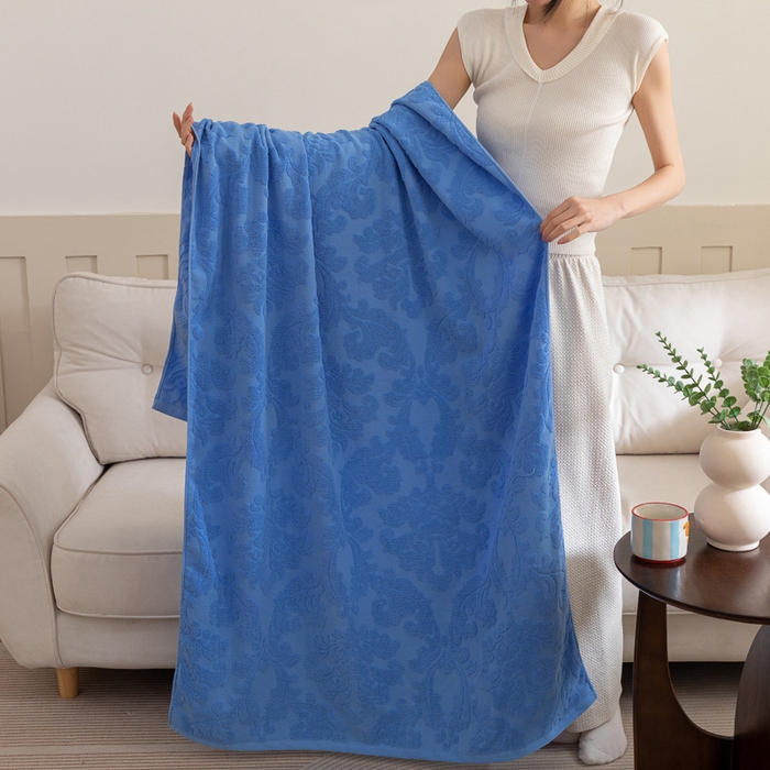 91家纺网 家纺一手货源 找家纺 乐家毛巾被（工厂自产自销） 2025新款欧雅全棉纯棉提花浴巾 深蓝 90x180cm