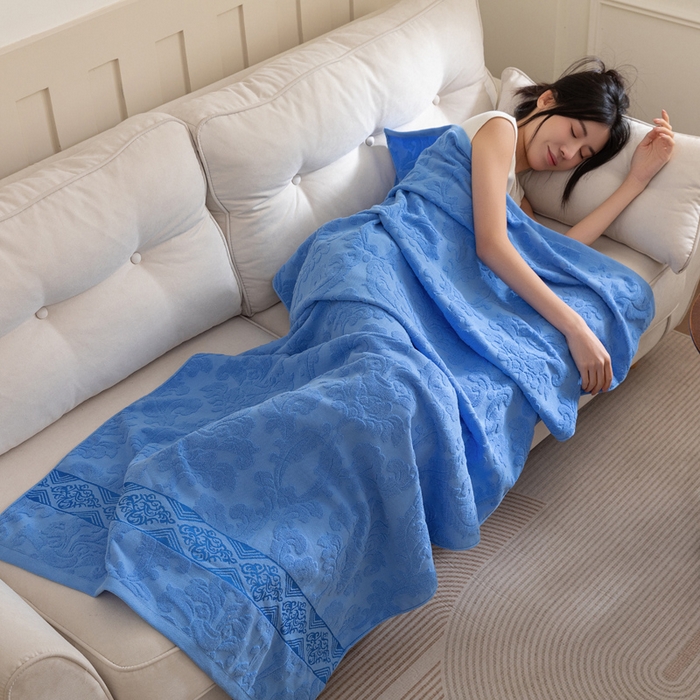 91家纺网 家纺一手货源 找家纺 乐家毛巾被（工厂自产自销） 2025新款欧雅全棉纯棉提花浴巾 深蓝 90x180cm