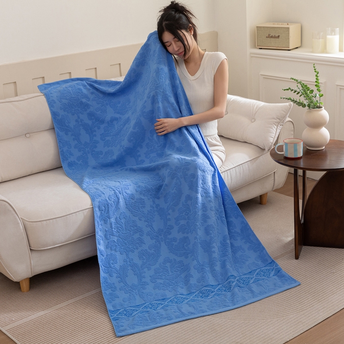 91家纺网 家纺一手货源 找家纺 乐家毛巾被（工厂自产自销） 2025新款欧雅全棉纯棉提花浴巾 深蓝 90x180cm