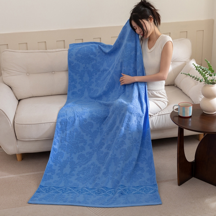 91家纺网 家纺一手货源 找家纺 乐家毛巾被（工厂自产自销） 2025新款欧雅全棉纯棉提花浴巾 深蓝 90x180cm