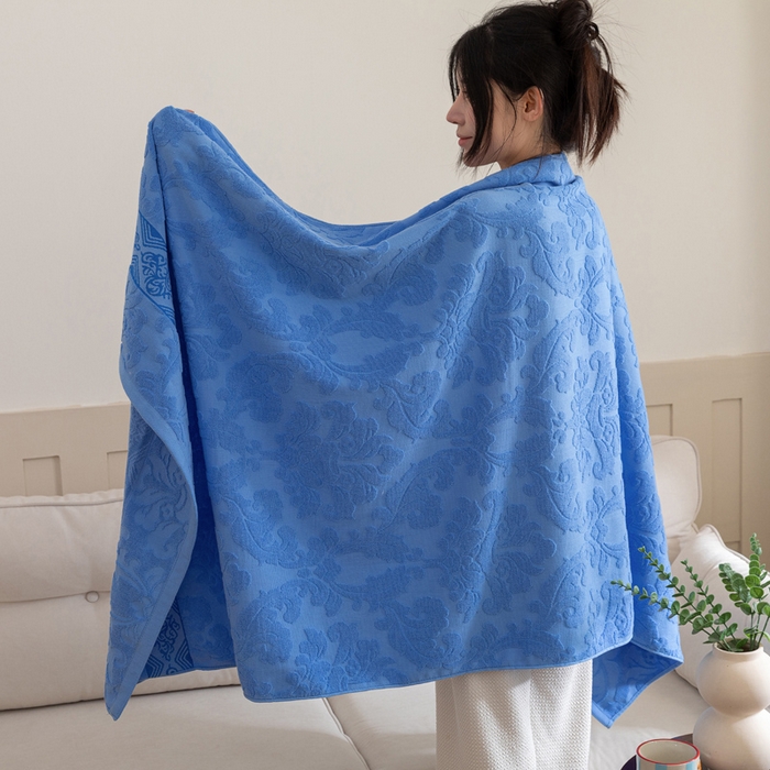 91家纺网 家纺一手货源 找家纺 乐家毛巾被（工厂自产自销） 2025新款欧雅全棉纯棉提花浴巾 深蓝 90x180cm