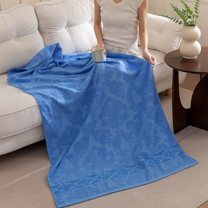 91家纺网 家纺一手货源 找家纺 乐家毛巾被（工厂自产自销） 2025新款欧雅全棉纯棉提花浴巾 深蓝 90x180cm