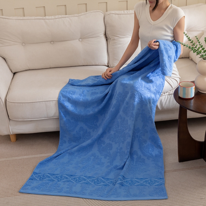 91家纺网 家纺一手货源 找家纺 乐家毛巾被（工厂自产自销） 2025新款欧雅全棉纯棉提花浴巾 深蓝 90x180cm