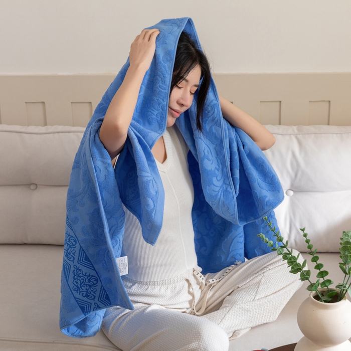 91家纺网 家纺一手货源 找家纺 乐家毛巾被（工厂自产自销） 2025新款欧雅全棉纯棉提花浴巾 深蓝 90x180cm