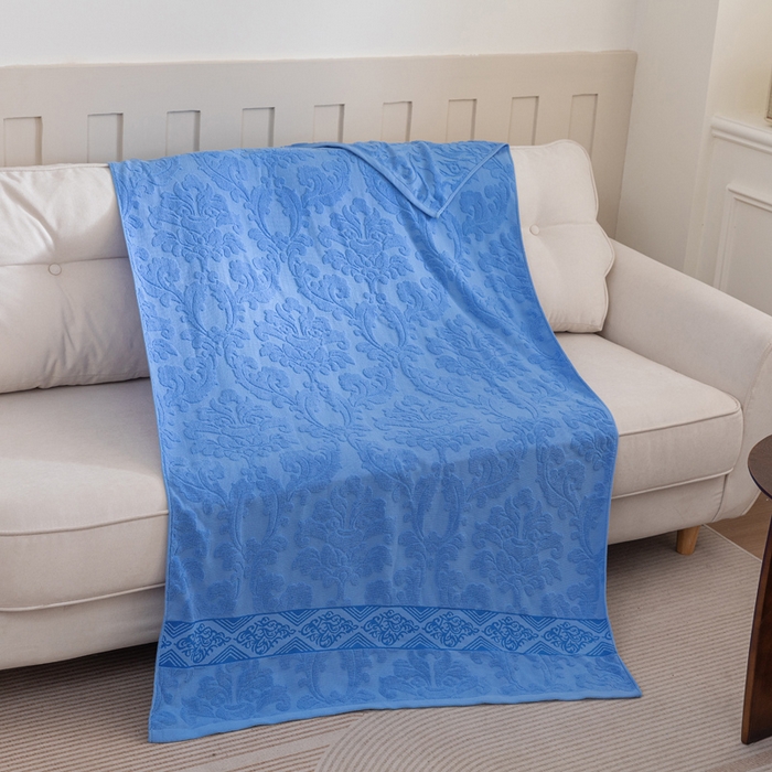 91家纺网 家纺一手货源 找家纺 乐家毛巾被（工厂自产自销） 2025新款欧雅全棉纯棉提花浴巾 深蓝 90x180cm