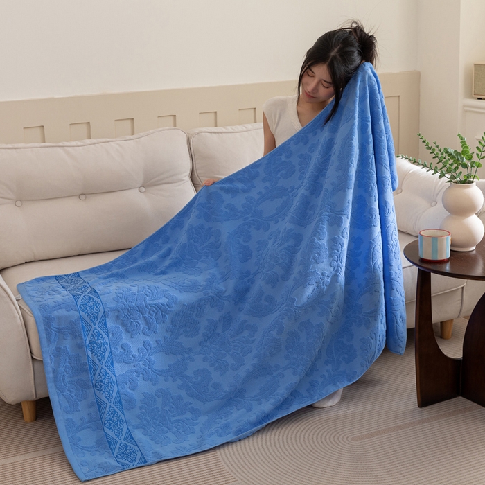 91家纺网 家纺一手货源 找家纺 乐家毛巾被（工厂自产自销） 2025新款欧雅全棉纯棉提花浴巾 深蓝 90x180cm