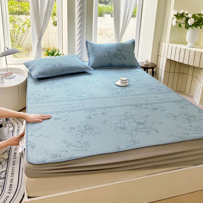 宜家坊 2025新款A类PE中分子提花软凉席-花夏 床笠款-夏花蓝