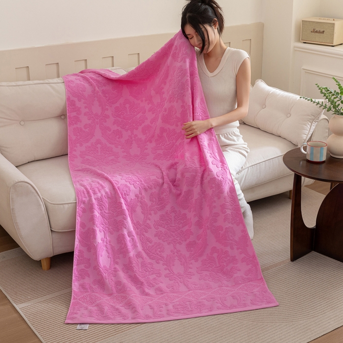 91家纺网 家纺一手货源 找家纺 乐家毛巾被（工厂自产自销） 2025新款欧雅全棉纯棉提花浴巾 粉色 70x140cm