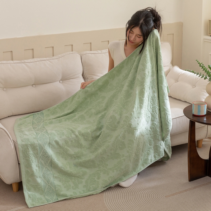 91家纺网 家纺一手货源 找家纺 乐家毛巾被（工厂自产自销） 2025新款欧雅全棉纯棉提花浴巾 绿色 90x180cm